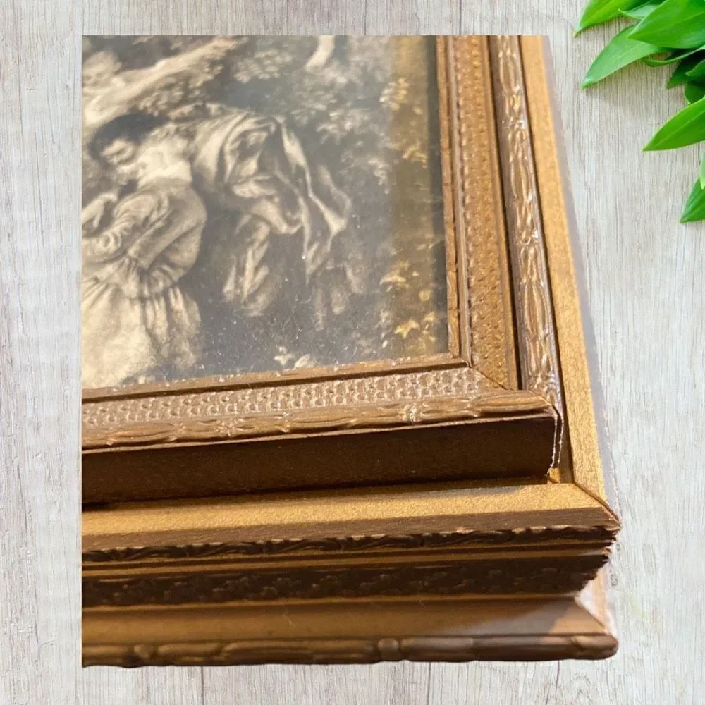 ANTIQUE VICTORIAN SCENE JEWELRY VANITY BOX GLASS TOP MIRRORED LID 1920’s